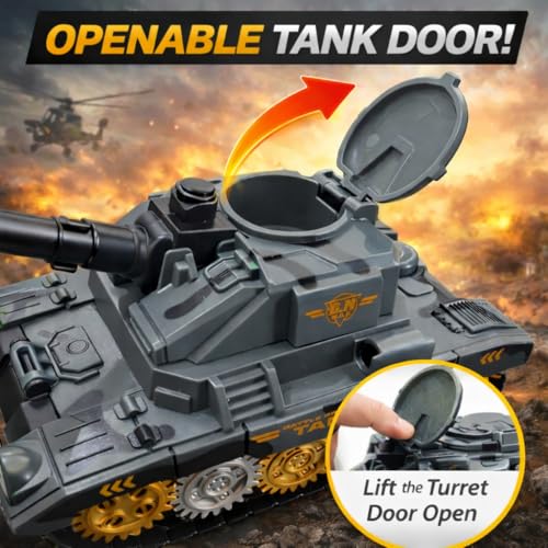 Image of TEC TAVAKKAL Battle Breakers Toy Military Tank for Kids with Mini Tank Launcher, 360 Rotating Turret & Adjustable Cannon | Action Battle Toy Vehicle with Moving Wheels for Kids (Gray)