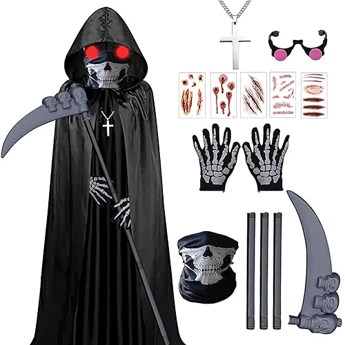 shengo Disfraz de parca, capa negra con capucha para Halloween, guadaña de la muerte, capa de hechicero, túnica de la Parca, manto diabólico para adultos, fiesta de graduación, disfraz de Halloween