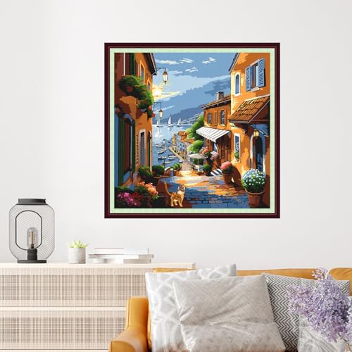Image of Dooxvey Cross Stitch Kits for Adults Beginners,Full Range of Cross-Stitch Stamped Kits Needlepoint Kits for Beginners Embroidery Kits 11CT Cross Stitch Patterns-Seaside Street Scenery 18x18 inch