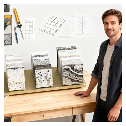 小売用デスクトップ大容量タイルディスプレイラック、傾斜スロットと滑り止め脚付き、卓上石板/大理石/木製ボード/建築材料サンプルホルダー(Gold,L-50CM/19.7INCH)