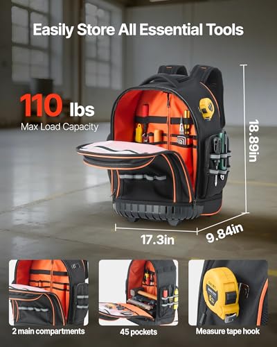 Image of VEVOR Rolling Tool Backpack, 110 lbs Load Capacity, 45 Pockets Heavy Duty Roller Tool Bag on Wheels, Adjustable Telescoping Handle & Stable Base, Toolbag Organizers for Construction, Mechanic