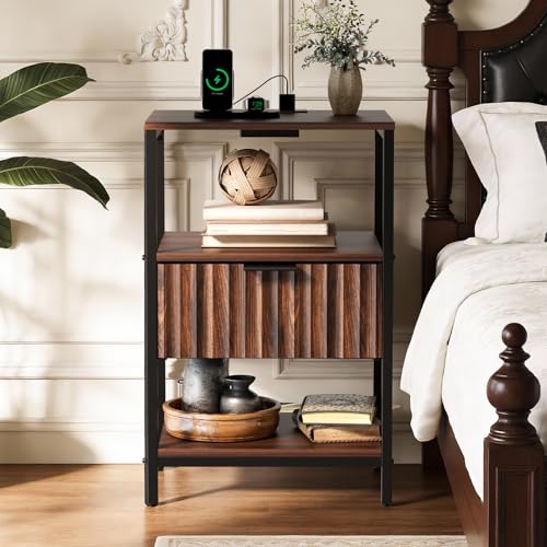 Image of VINGLI Nightstands Set of 2 with Fabric Drawer, Walnut Nightstand with Charging Station, Fluted Night Stands, Bedside Tables /End Tables with Charger Station, Side Table Bedroom,Small Night Stand,2 pcs