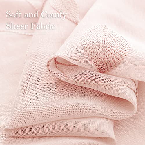 HOMEIDEAS Blush Pink Sheer Curtains 52 X 84 Inches Length 2 Panels Embroidered Leaf Pattern Pocket Faux Linen Floral Semi Sheer Voile Window Drapes for Bedroom Living Room by HOMEIDEAS - Image 4