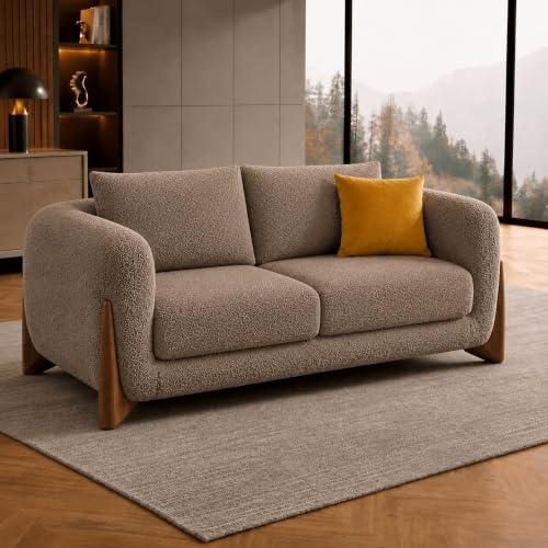 Image of Modern Sofa, Teddy Fabric, Chesterfield Style, Wooden Legs, for Living Room, Bedroom, Hallways (Taupe - 2 Seater)