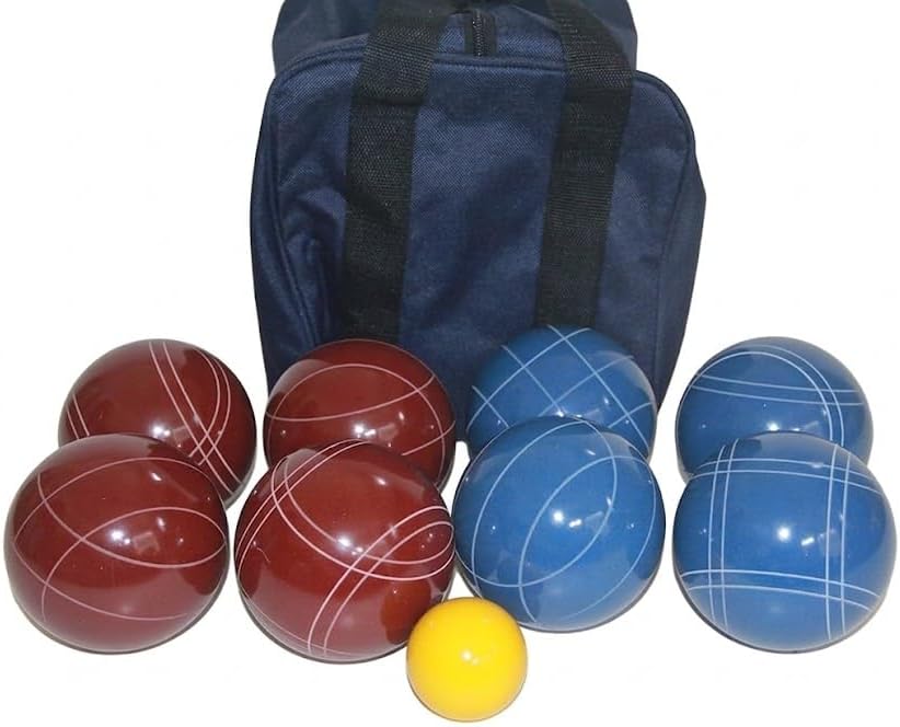 BuyBocceBalls Listing - Made in USA, Premium Quality Tournament Bocce Set - 110mm Blue and Dark Red Balls, Nylon Blue Bag, 998 Grams (2 lbs. 3.2 oz.). Various Bag Colors