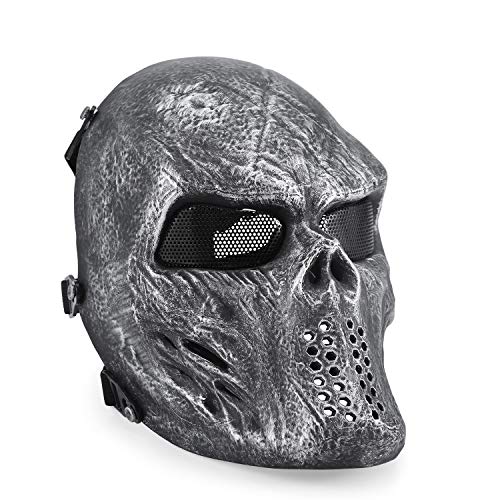 Flexzion Airsoft Helmet Paintball Full Face Skull Mask Tactical (Metallic), Metal Mesh Eye Protection Anti-Fog Propane BB Field Safety Hunting Wargame Guard/f Cosplay Halloween Outdoor Activity Cool