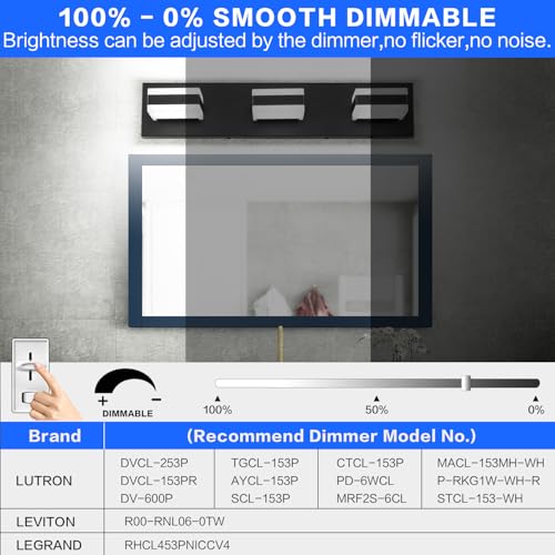 Image of SOLFART LED Dimmable Black Vanity Light Over Mirror,3 Lights Bathroom Light Fixtures, Restroom Modern Vanity Lighting for Bathroom Cool Light 6000K
