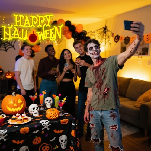Image of Happy Halloween Neon Sign | Party Welcome Sign, Front Door /Bedroom /Home /Yard, USB Powered, 16.5x8.6 Inches