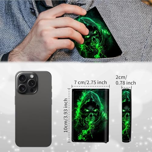 Men's Slim Wallet,Pop Up Credit Card Holder Wallet,Leather RFID Blocking Metal Card Case for Coins,Debit Cards-Green Skull3
