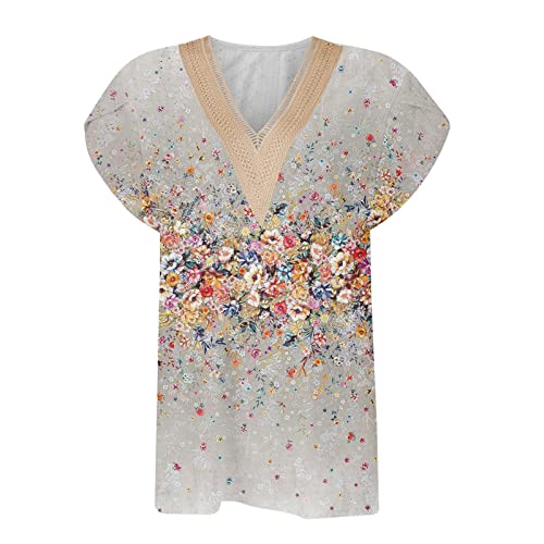 Women's Summer Short Sleeve Blouses Comfy Collacap Sleeve Island Vacation Top Casual Dressy Lace Trim T-Shirts For Women 2X 3X Geometric Print 2023 Summer Clothes V Neck Summer Orange,Xxxl #TOP2