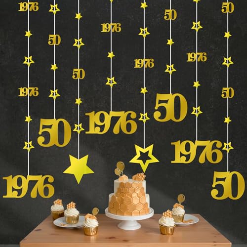 Image of Eucutur Gold 50th Birthday Decorations for Men Women, Pre-Strung Glitter Twinkle Number 50 Years Old Vintage 1976 Hanging Streamer Banner Party Supplies, Cheers 50th Birthday Anniversary Decor