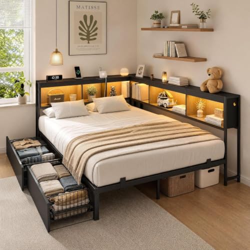 Corner Full Bed Frame with Bookcase Headboard, LED Lights and Drawers