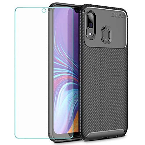 Wanxideng - Funda para Samsung Galaxy A40 + Protectore de Pantalla in Cristal Templado, [Textura de Fibra de Carbono] Carcasa de Armadura Resistente Funda de Silicona Suave y Delgada - Negro