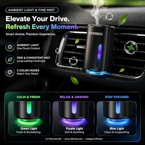 Image of Car Air Freshener - Smart Adjustable 3-Speed Intensity, Rechargeable Humidifier Car Essential Oil Diffuser - Comes with 8 Bottles of 10ml Perfume (Black)