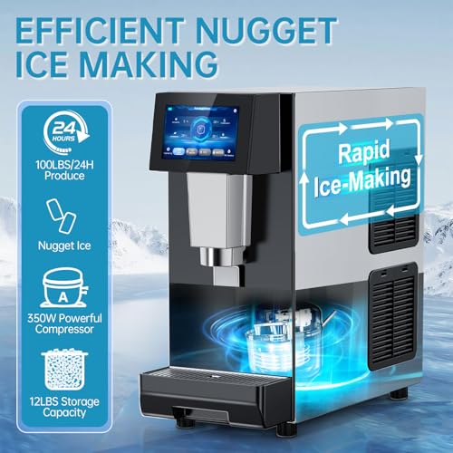 Image of Commercial Nugget Ice Maker Machine, 100Lbs /24H Pellet Chewable Ice | 3-IN-1 Nugget Ice Maker with Ice & Water Dispenser, Self-Cleaning, Countertop Stainless Steel for Business,Office,Party