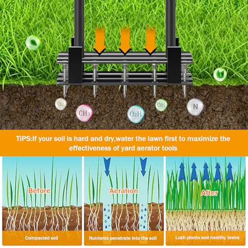 Image of Aerator Lawn Tool - 2-in-1 Reinforced Heavy Duty Manual Lawn Aerator with 15 Spikes, Automatic Dirt and Leaf Clean Design, Adjustable T-Handle (Orange)