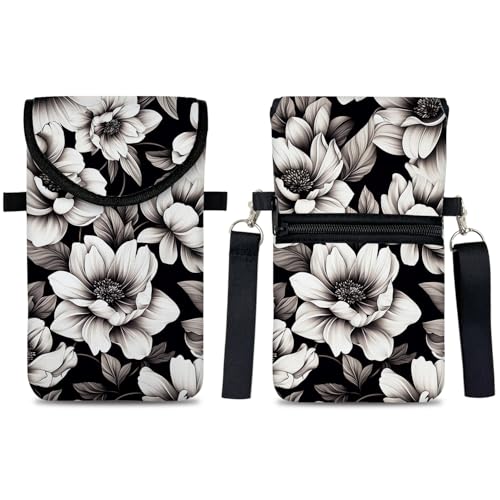 Image of Neoprene Cell Phone Sleeve Pouch Case Bag with Crossbody Strap Neck Lanyard for Women 7.5 X 4.3 in Flower Black