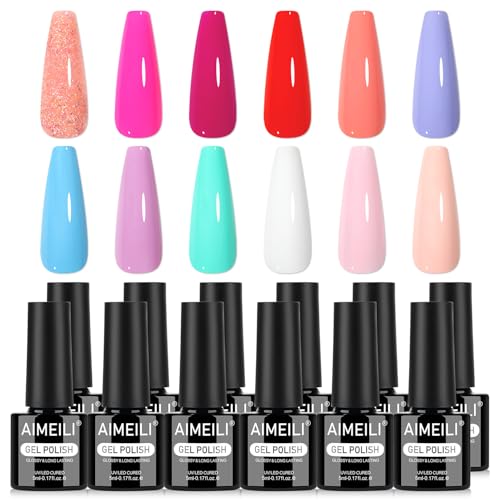 AIMEILI Esmaltes Semipermanentes Para Uñas Gel Polish Kit uñas Semipermanentes UV LED 12 Colors Verde Azul Morado Rojo Neón Rosa Brillante Nail Art DIY Home Salon Manicure 5ML-Set 33