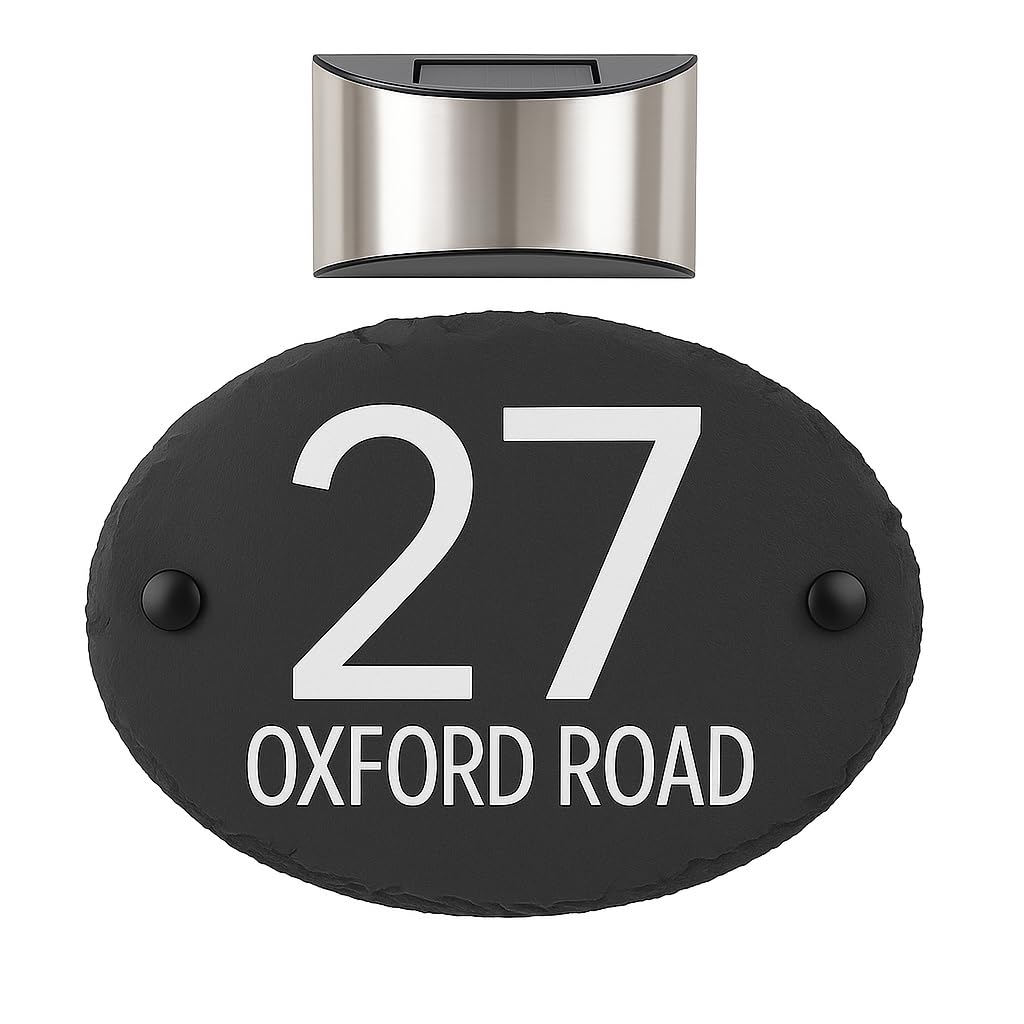 Personalised Slate House Sign Plaque with Optional Solar LED Light - Custom Laser Printed Door Number & Street Name – Weatherproof Natural Slate Door Plate with Elegant Rough Edges