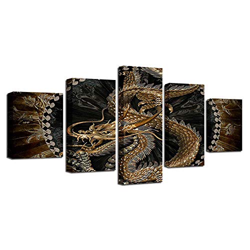 Idée cadeau salon : tableau dragon chinois en toile 5 pièces HD