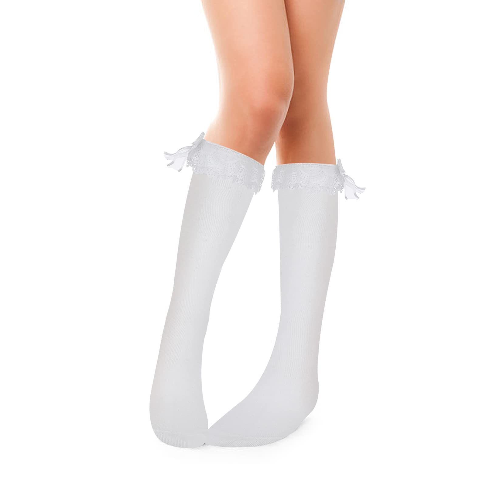 YolevWomen's Soft Knee High Socks Cotton Socks Lovely And Cute Lace Ruffle Bow Socks Tube Socks High Stockings for Lolita