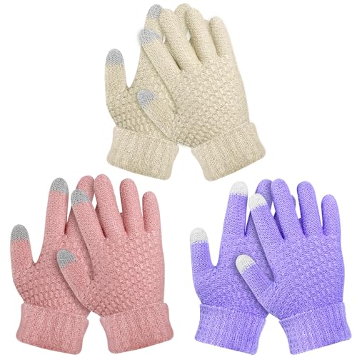 ONESING 3 Pairs Kids Winter Knit Gloves - Warm, Stretchy Full Fingers Gloves for Boys & Girls