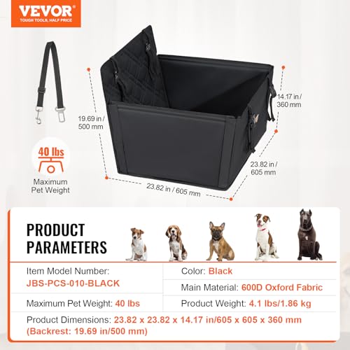 VEVOR Autositz Hunde 605 x 605 x 500 mm, Hundeautositz mit Stützrahmen, Haustierautositz mit ansteckbarer Sicherheitsleine, Baumwollfüllung, Rücksitz für kleine mittele Hunde bis 18 kg, Schwarz