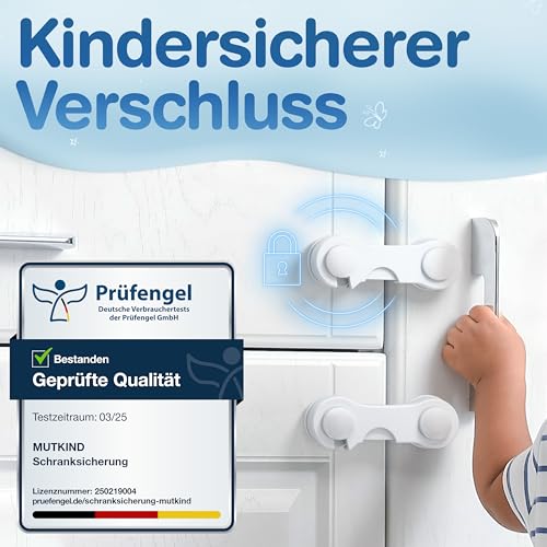 MUTKIND® Kindersicherung Schrank (12 STK - Kleber von TESA) - Extra Starker Halt - Schranksicherung Baby - Schubladensicherung Baby für Schränke, Kühlschrank, Türen - Kindersicherung Schubladen Weiß