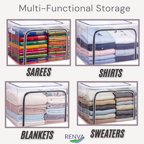 Image of RENVA polycotton Clothes Storage Organizer Bins, Foldable Storage Bins-Cloth Steel Frame Storage Box with Foldable Clear Window & Reinforced Handles 50 * 40 * 30CM. (Transparent, 66L-1)