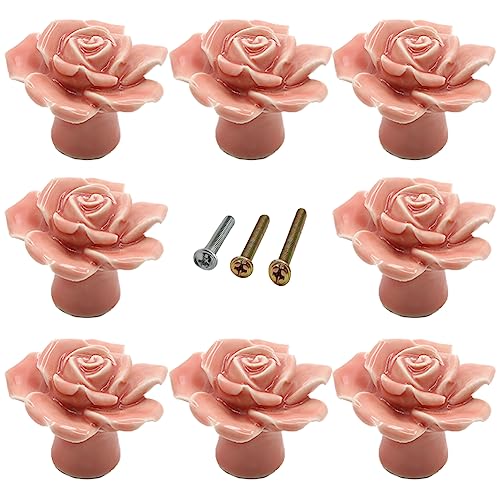 Image of 8Pcs Pink Cartoon Rose Cabinet Door Handle Ceramic Handmade Flower Handle Cabinet Knob Cupboard Dressing Table Drawer Pull Handles + Scre