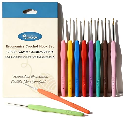 YLaziion 10PCS Small Lace Crochet Hooks Set (0.6mm-2.75mm) - Tiny Micro Crochet Hook Needles Gold-Plated Steel & Ergonomic Soft Grip Handle Thread Crochet Hooks for Amigurumi & Doilies Yarn