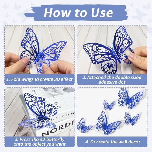 72 piezas de decoraciones de mariposas azules 3D para pared miniatura 6