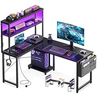 ODK L Shaped Gaming Desk with LED Lights & Power Outlet,Reversible Computer Desk with Adjustable Shelves, Corner Desk with Storage Bag & Headphone Hook for Home Office,Gaming,115 * 80 * 75.6cm,Black