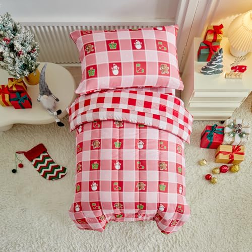 Image of Christmas Toddler Bedding Set for Boys Girls Red White Plaid Colorful Holiday 4PC Toddler Bed Set - Cute Toddler White Bed in a Bag with Snowman Socks GIF Box