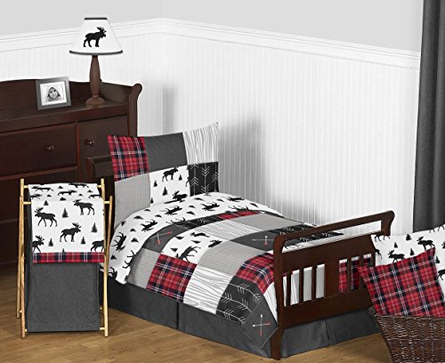 Grey, Black and Red Woodland Plaid and Arrow Rustic Patch Boy Toddler Kid Childrens Bedding Set by Sweet Jojo Designs - 5 Pieces Comforter, Sham and Sheets - Flannel Moose Gray