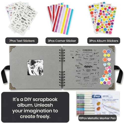 Image of HASTHIP DIY Photo Memory Scrapbook Kit with Spiral Album, Cover Window, Stickers & Metallic Pens for Personalized Travel, Wedding, and Celebration Keepsakes