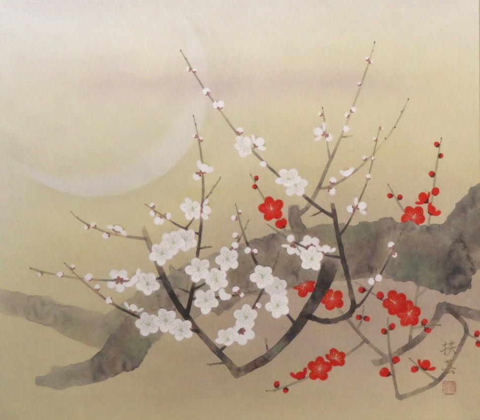 JY1472 Hanging Scroll Ikeno Yuichi Red and White Plum Shakuhachi