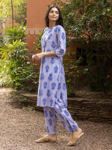 Image of FIORRA Women's Blue Cotton Flared Kurta Set
