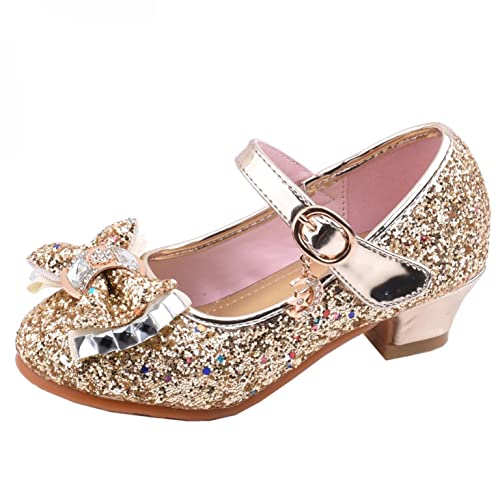 LLUO barnskor flickor paljetter glitter kristall strass prinsessa skor barn flickor festliga ballerinaskor bröllopsskor blommor festskor klädskor, Guld, 28 EU