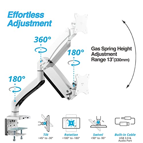 Avlt Single 13"-43" Monitor Arm Desk Mount Fits One Flat/Curved/Ultrawide Monitor Full Motion Height Swivel Tilt Rotation Adjustable Monitor Arm - White/Vesa/C-Clamp/Grommet/Cable Management #TOP3