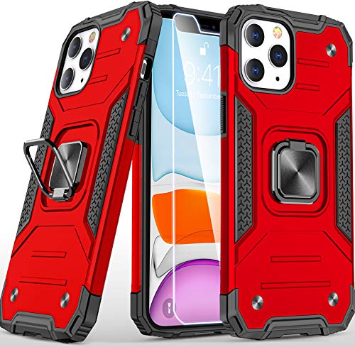 QAAA iPhone 12 pro case with Ring Kickstand, Military Grade iPhone 12/12 pro case with Screen Protector 16ft. Drop Tested Protective Case (6.1 inches) Red Color