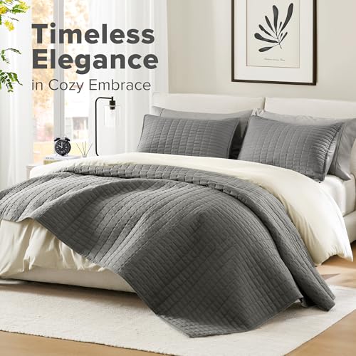 Comfort Spaces Charcoal Oversized King Quilt Set 120"x118" Bedspread Quilted Summer Lightweight Microfiber Bedding Coverlet with Double Sided Stitching Soft All Season Cozy 3 Piece with Matching Shams