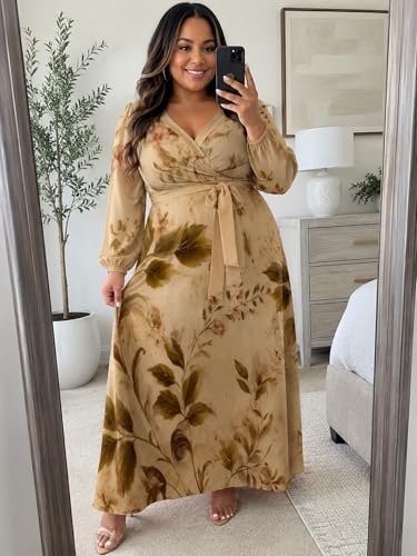 Image of PinkPatty Women's Long Sleeve Maxi Dress Plus Size Casual V Neck Wrap Dress with Pockets&Belt