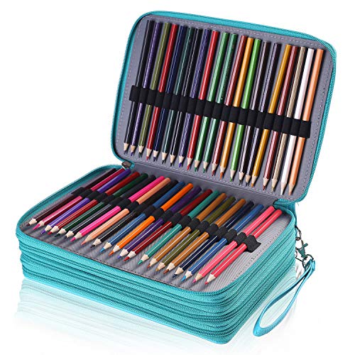 Shulaner 200 Slots Colored Pencil Case Organizer With Zipper Pu Leather Large Capacity Pen Holder Bag (Lake Blue) #TOP1