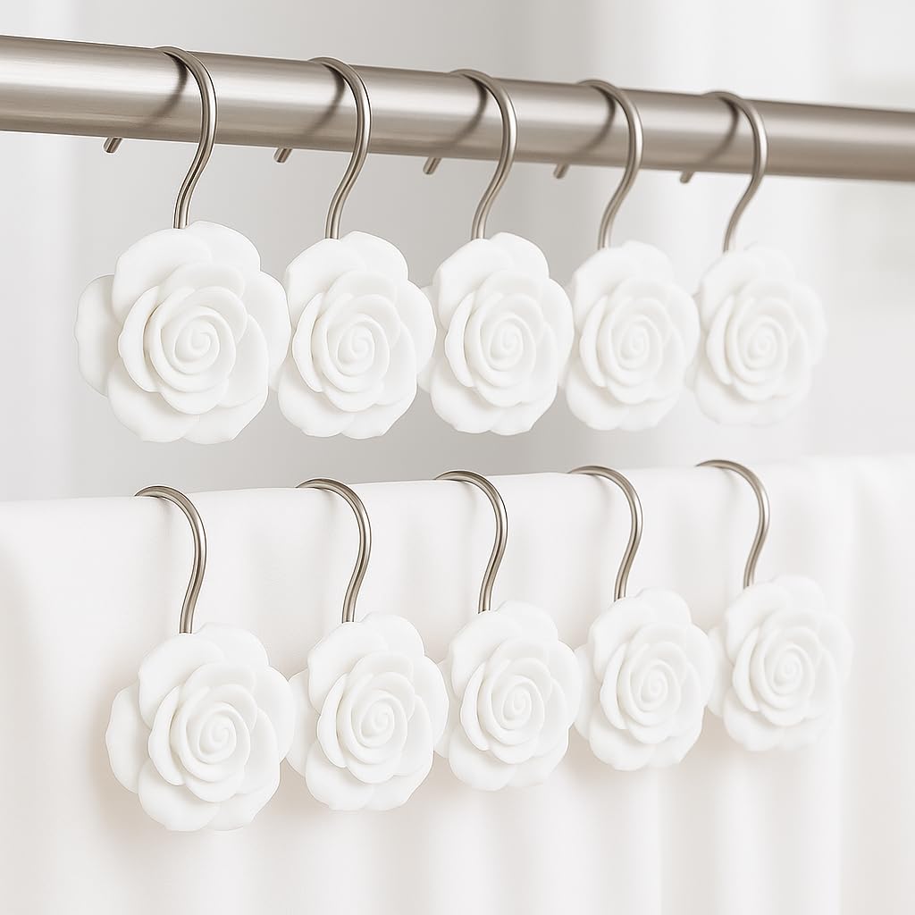 Resin Rose Shower Curtain Hooks Set of 12 - White Floral Bathroom Curtain Rings for Standard Shower Rods - Elegant Decorative Shower Hooks for Bathroom Decor