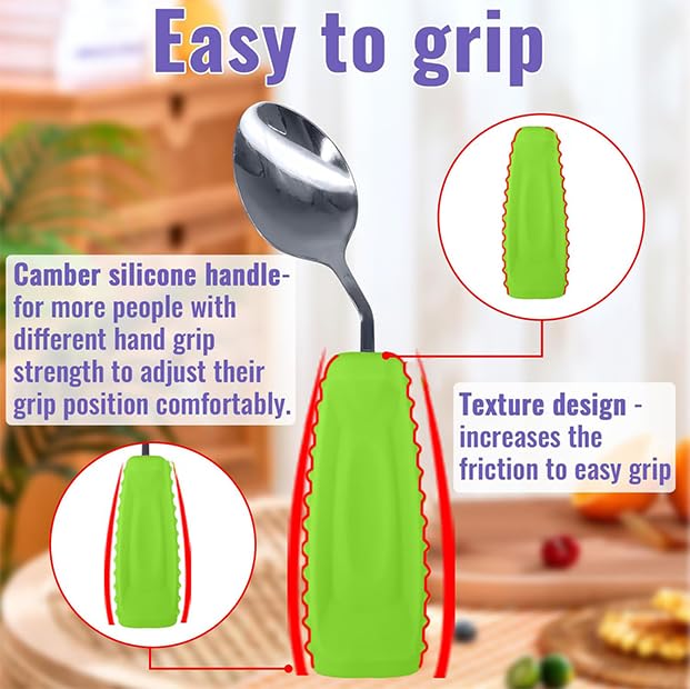 Image of Adaptive Utensils Angled Spoon and Fork for Hand Tremors Parkinsons,Weighted Utensils with Non-Slip Easy Grip Handles for Independent Eating (1pcs Spoon+1pcs Fork=2 pcs,Green,Right Hand)