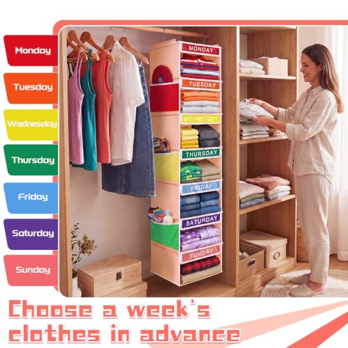 Amylove 2 Pcs 7 Shelf Weekly Clothes Organizer for Kids Hanging Closet Organizer 11. 8 x 11. 8 x 50 Inch Daily Activity Kids Clothes Storage Drawers Cube Drawers Closet Hanging Shelves(Orange Pink) by Amylove - Image 7