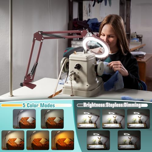 Image of 12X Magnifying Glass with Light and Stand, Real Glass Lens (Not Acrylic), 5 Color Modes, Stepless Dimmable, LED 3-in-1 Floor Lamp, Swing Arm with Clamp, Lighted Magnifier Hands Free for Crafts - Red