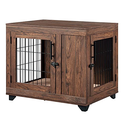 beeNbarks Furniture Style Dog Crate, Double Doors Wooden Wire Dog Kennel End Table, Medium and Large Pet Crate with Soft Bed, Decorative Dog House Pet Furniture Indoor Use