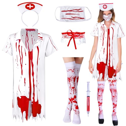 IWTBNOA Zombie Krankenschwester Kostüm, Halloween Kostüm Damen, Krankenschwester Zombie Set, Schaurige Krankenschwester Zombie, Blutige...